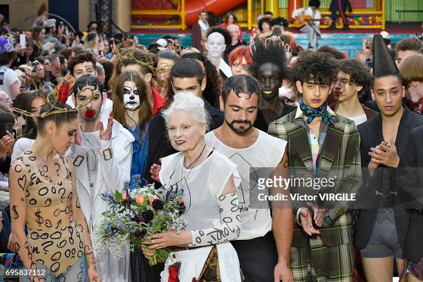 Vivienne Westwood walks the runway at the Vivenne Westwood fashion show during the London Fashion Week Men's June 2017 Spring Summer 2018 collections...