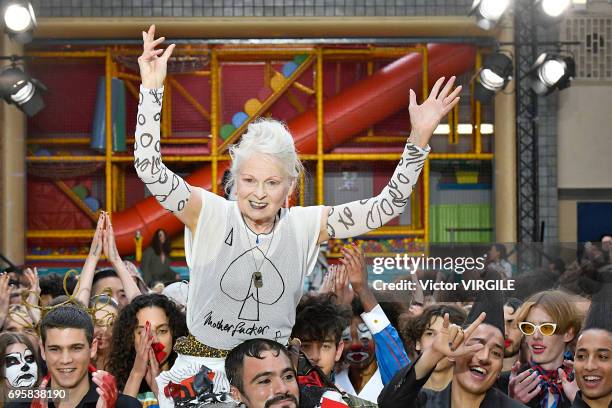 Vivienne Westwood walks the runway at the Vivenne Westwood fashion show during the London Fashion Week Men's June 2017 Spring Summer 2018 collections...