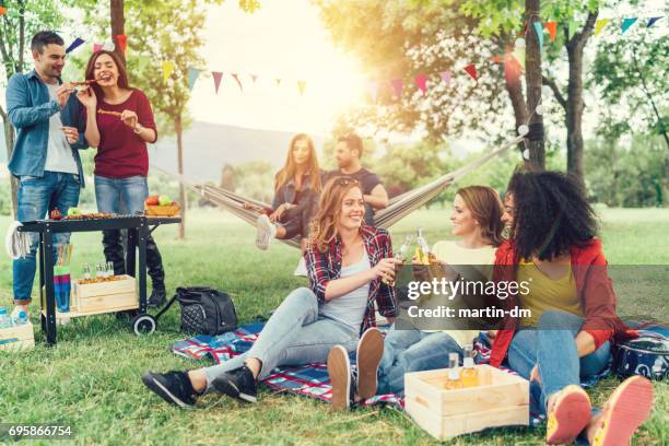 amigos disfrutando de una barbacoa en el parque - fiesta de jardín fotografías e imágenes de stock