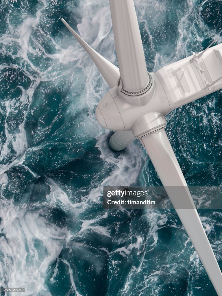 Close up of a wind turbine in the sea