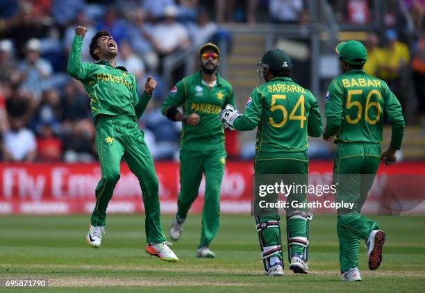 Shadab Khan of Pakistan celebrates dismissing Joe Root of England during the ICC Champions Trophy Semi Final between England and Pakistan at SWALEC...