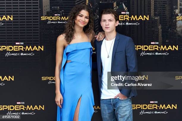 Actress Zendaya and actor Tom Holland attend 'Spider-Man: Homecoming' photocall at the Villamagna Hotel on June 14, 2017 in Madrid, Spain.