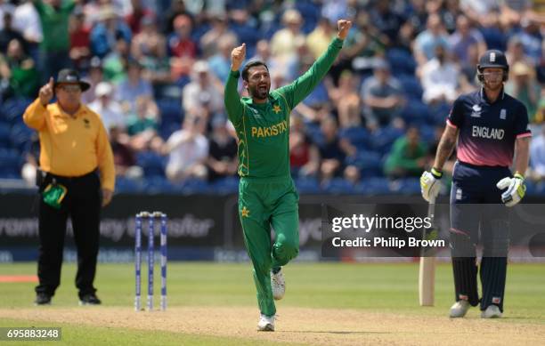 Junaid Khan of Pakistan celebrates after dismissing Jos Buttler of England during the ICC Champions Trophy match between England and Pakistan at...