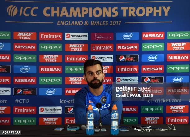 India cricket captain Virat Kohli attends a press conference at Edgbaston cricket ground in Birmingham on June 14 ahead of the ICC Champions Trophy...