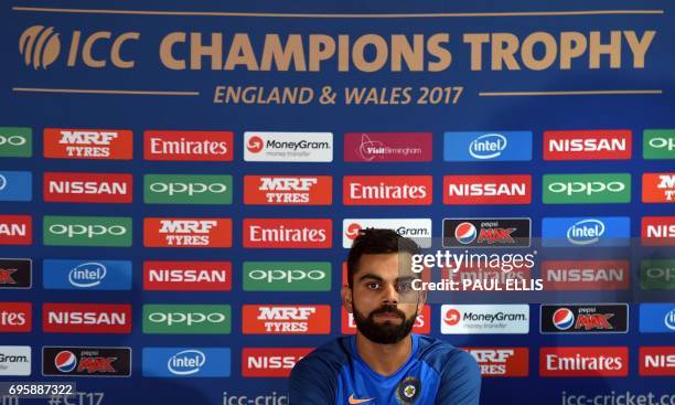 India cricket captain Virat Kohli attends a press conference at Edgbaston cricket ground in Birmingham on June 14 ahead of the ICC Champions Trophy...