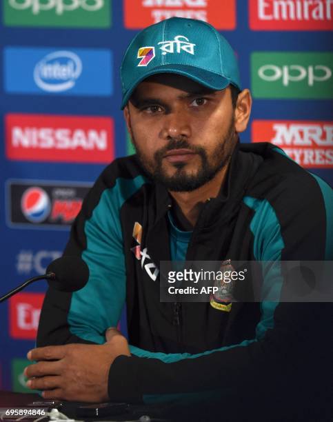 Bangladesh cricketer Mashrafe Mortaza attends a press conference at Edgbaston cricket ground in Birmingham on June 14 ahead of the ICC Champions...
