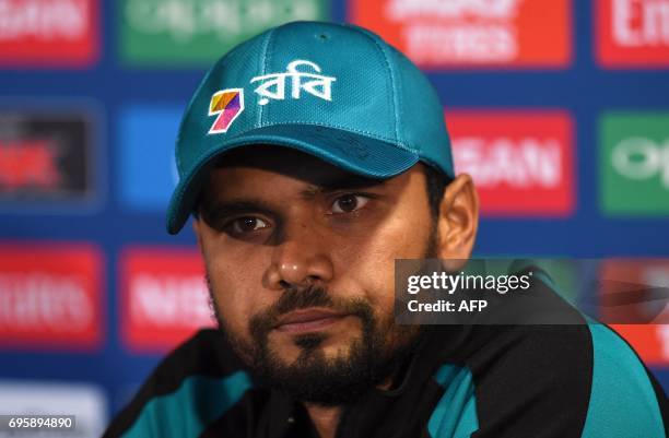 Bangladesh cricketer Mashrafe Mortaza attends a press conference at Edgbaston cricket ground in Birmingham on June 14 ahead of the ICC Champions...