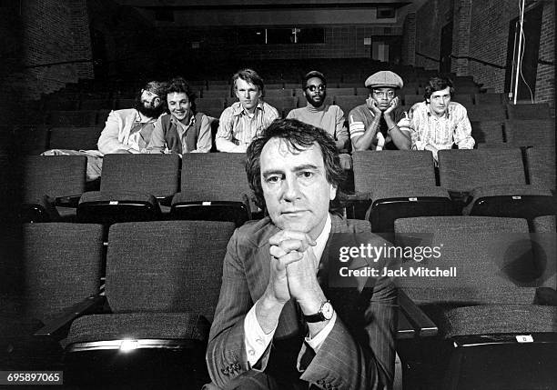Producer Joseph Papp with playwrights Jason Miller, David Rabe, John Ford Noonan, Ilunga Adell, Cyamo and Murray Mednick, 1972. .