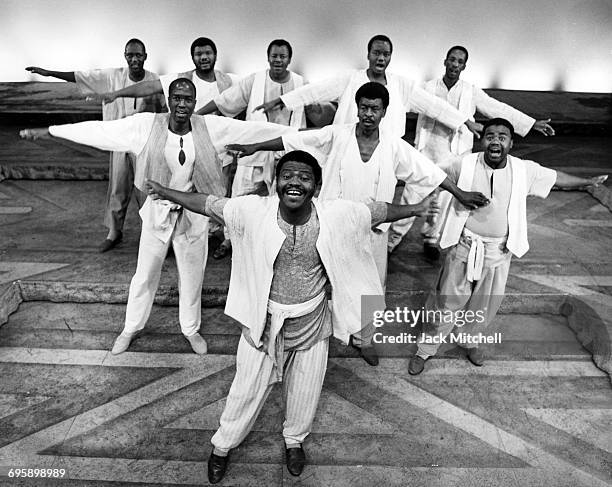 The cast of "Song of Jacob Zulu", featuring Ladysmith Black Mambazo, photographed at the Steppenwolf Theatre in Chicago, February 1993.