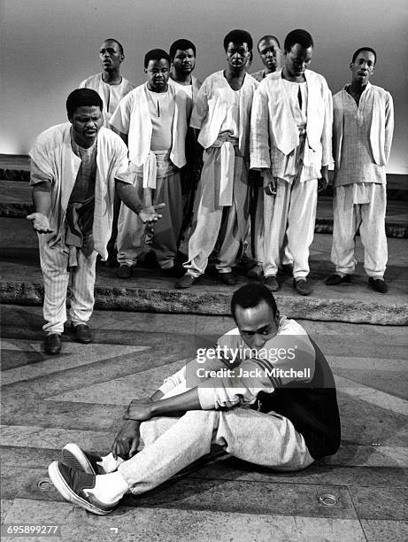 The cast of "Song of Jacob Zulu", featuring Ladysmith Black Mambazo, photographed at the Steppenwolf Theatre in Chicago, February 1993.