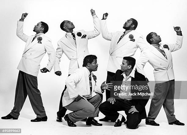 The cast of the Broadway musical "Five Guys Named Moe", photographed in January 1992. Featuring Jerry Dixon, Doug Eskew, Milton Craig Nealy, Kevin...