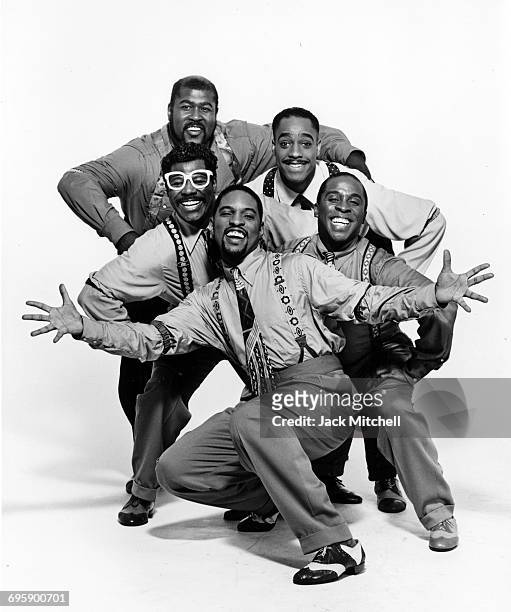 The cast of the Broadway musical "Five Guys Named Moe", photographed in January 1992. Featuring Doug Eskew, Milton Craig Nealy, Kevin Ramsey, Jeffrey...