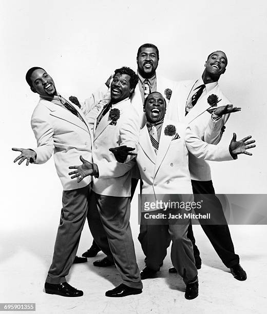 The cast of the Broadway musical "Five Guys Named Moe", photographed in January 1992. Featuring Doug Eskew, Milton Craig Nealy, Kevin Ramsey, Jeffrey...