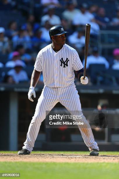 Chris Carter of the New York Yankees in action against the Baltimore Orioles at Yankee Stadium on June 11, 2017 in the Bronx borough of New York...