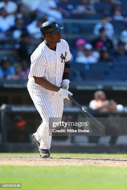 Chris Carter of the New York Yankees in action against the Baltimore Orioles at Yankee Stadium on June 11, 2017 in the Bronx borough of New York...