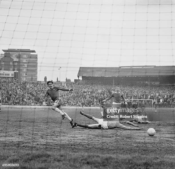 Bobby Tambling scores for Chelsea during a match between Chelsea and West Bromwich Albion at Stamford Bridge, London, 17th April 1965.