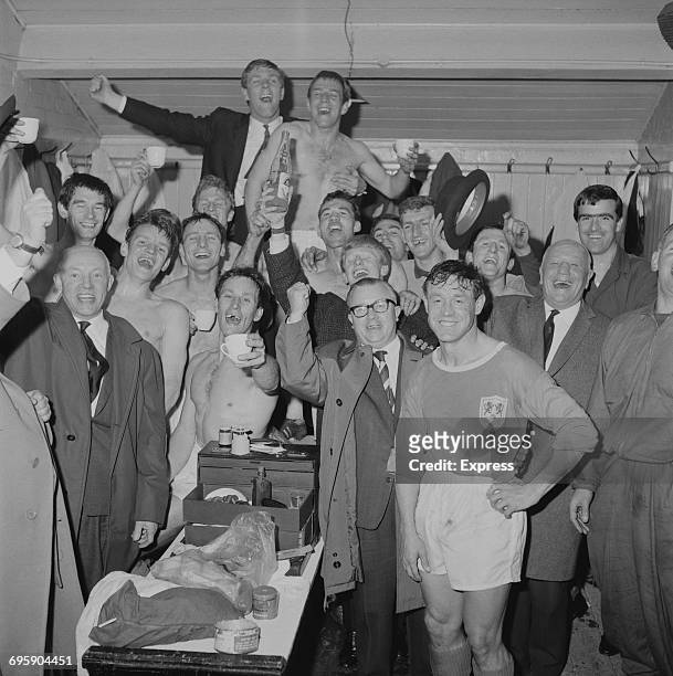 Millwall football team with their manager Billy Gray after winning their promotion from Division Four, UK, 2nd May 1965.