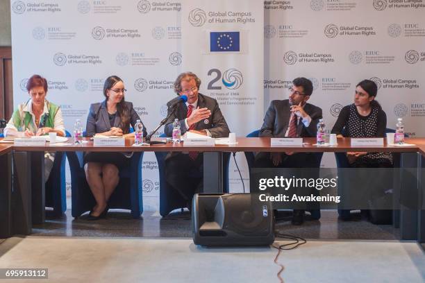 Kalliope Agapiou-Josephides , Letitia Anderson , Manfred Nowak , Mirza Dinnayi and Lamya Haji Bashar attends at the conference presentation at Eiuc...