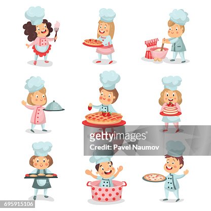Set Of Little Cook Chief Kids Cartoon Characters Cooking Food And Baking  Detailed Colorful Illustrations High-Res Vector Graphic - Getty Images