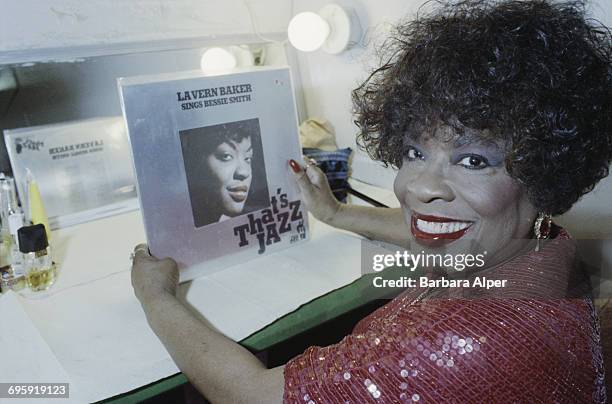 American rhythm and blues singer LaVern Baker backstage at the Village Gate in New York City, with her 1958 album 'That's Jazz: LaVern Baker Sings...