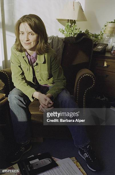 American actress, writer and comedian Tina Fey in her office in the Rockefeller Center, New York City, USA, 12th November 2001.