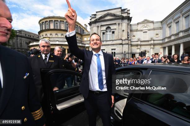 New Irish Taoiseach Leo Varadkar waves to TD's and well wishers at Leinster House after being elected as Taoiseach on June 14, 2017 in Dublin,...
