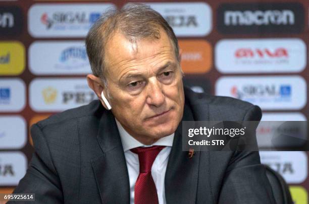 Albania's national soccer team coach Italian Gianni De Biasi announces his resignation during a press conference in Tirana on June 2017. De Biasi...