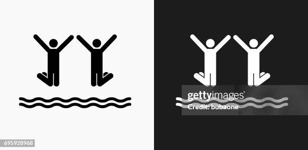two people jumping in water icon on black and white vector backgrounds - spring mix stock illustrations