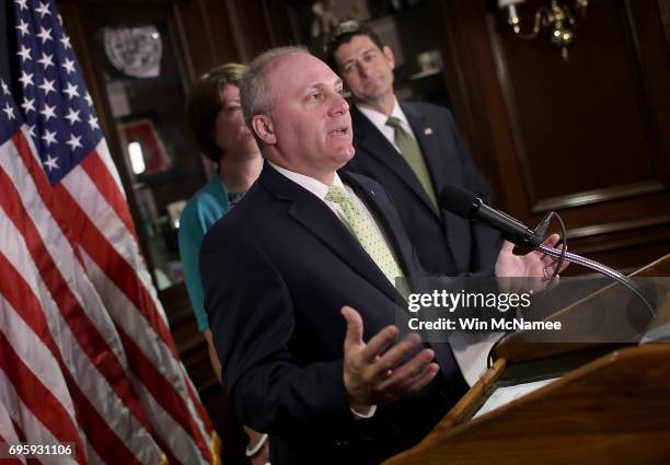 Rep. Steve Scalise , House Republican Whip, speaks at a press conference June 13, 2017 in Washington, DC. Scalise was reportedly shot this morning at...