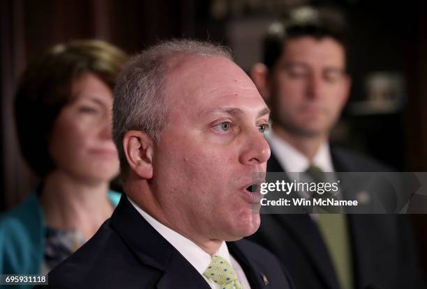 Rep. Steve Scalise , House Republican Whip, speaks at a press conference June 13, 2017 in Washington, DC. Scalise was reportedly shot this morning at...