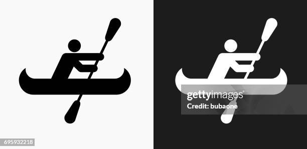 person canoeing icon on black and white vector backgrounds - people on canoe clip art stock illustrations