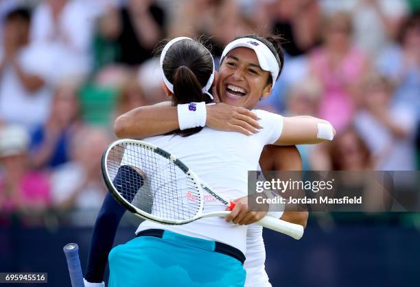 Heather Watson of Great Britain and Christina McHale of the USA celebrate their victory in their Women's doubles match against Mona Barthel of...