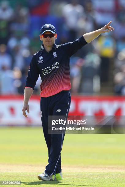 Eoin Morgan the captain of Engkand directs the field changes during the ICC Champions Trophy Semi-Final match between England and Pakistan at the...