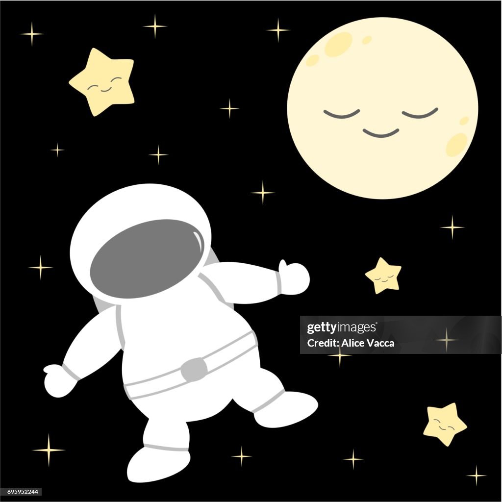Cartoon Astronaut In The Space With Stars And Moon Funny Cute Vector  Background Illustration High-Res Vector Graphic - Getty Images