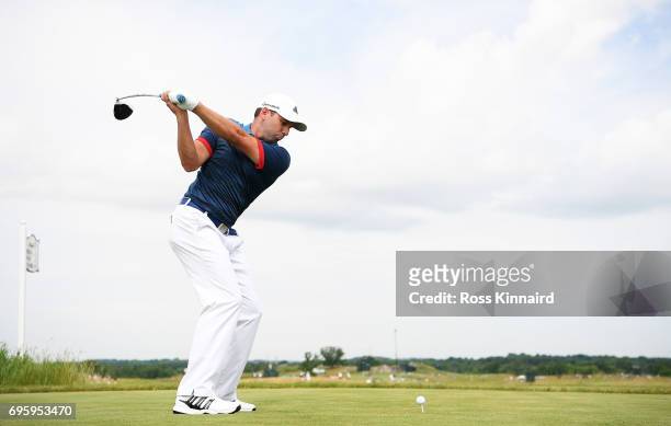 Sergio Garcia of Spain plays his shot during a practice round prior to the 2017 U.S. Open at Erin Hills on June 14, 2017 in Hartford, Wisconsin.