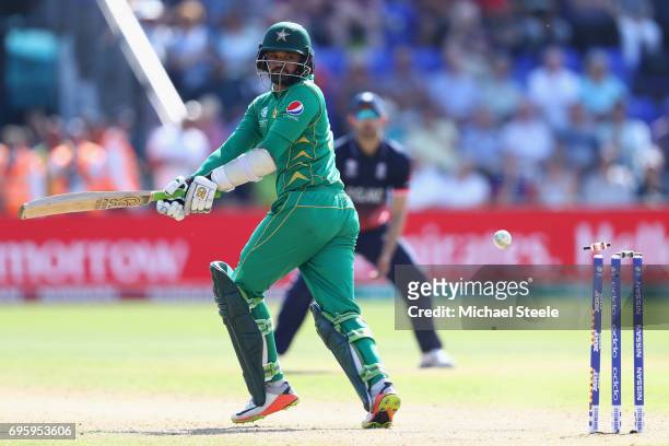Azhar Ali of Pakistan is bowled by Jake Ball for 76 runs during the ICC Champions Trophy Semi-Final match between England and Pakistan at the SWALEC...