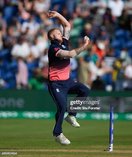 England bowler Ben Stokes in action during the ICC Champions Trophy semi final between England and Pakistan at SWALEC Stadium on June 14, 2017 in...