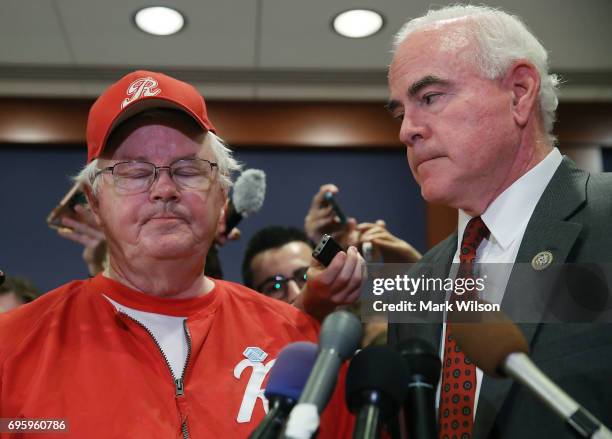 Rep. Joe Barton and Rep. Patrick Meehan , speak to the media about todays shooting at the Congressional baseball practice, on June 14, 2017 in...