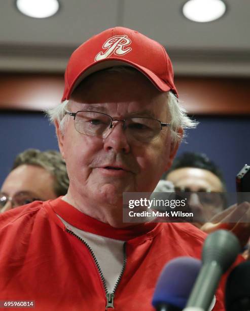 Rep. Joe Barton speaks to the media about todays shooting at the Congressional baseball practice, on June 14, 2017 in Washington, DC. This morning...