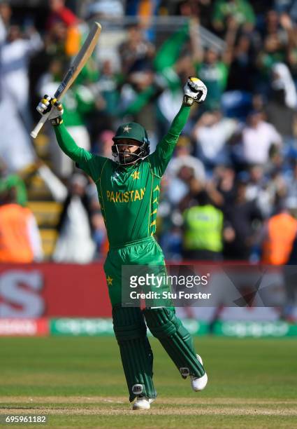 Pakistan batsmen Mohammad Hafeez celebrates the winning runs during the ICC Champions Trophy semi final between England and Pakistan at SWALEC...