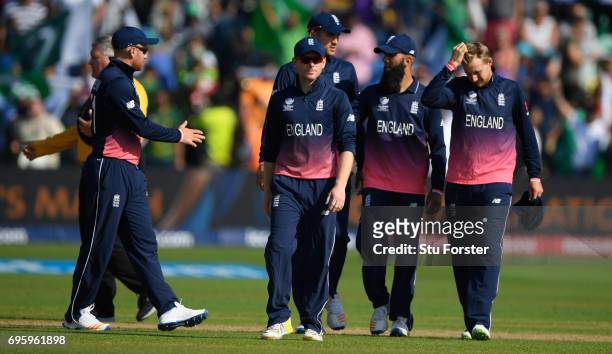 England captain Eoin Morgan leaves the field with his team after the ICC Champions Trophy semi final between England and Pakistan at SWALEC Stadium...