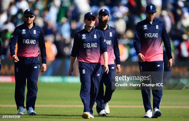 The England side walk off the pitch after defeat to Pakistan during the ICC Champions Trophy Semi Final match between England and Pakistan at the...