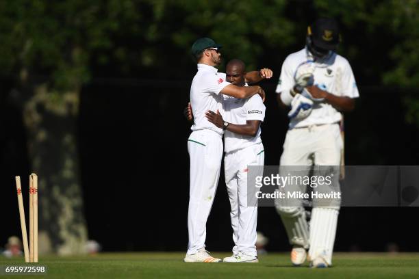 Junior Dala of South Africa A is congratulated after bowling Delray Rawlins of Sussex for 96 during a Tour Match between Sussex and South Africa A at...
