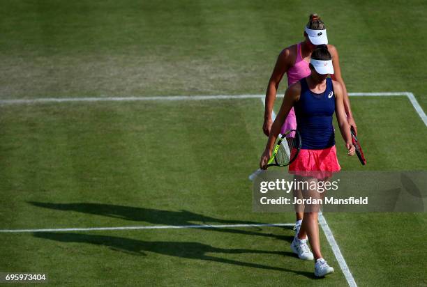 Yanina Wickmayer of Belgium and Johanna Konta of Great Britain during their Women's doubles first round match against Chia-Jung Chuang of Chinese...