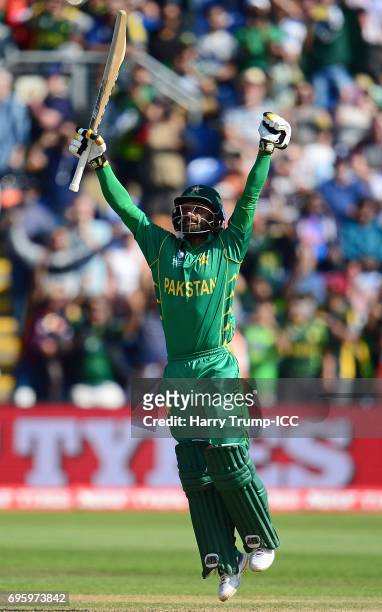 Mohammad Hafeez of Pakistan celebrates victory during the ICC Champions Trophy Semi Final match between England and Pakistan at the SWALEC Stadium on...