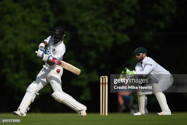 Delray Rawlins of Sussex hits out as wicketkeeper Rudi Second of South Africa A looks on during a Tour Match between Sussex and South Africa A at...