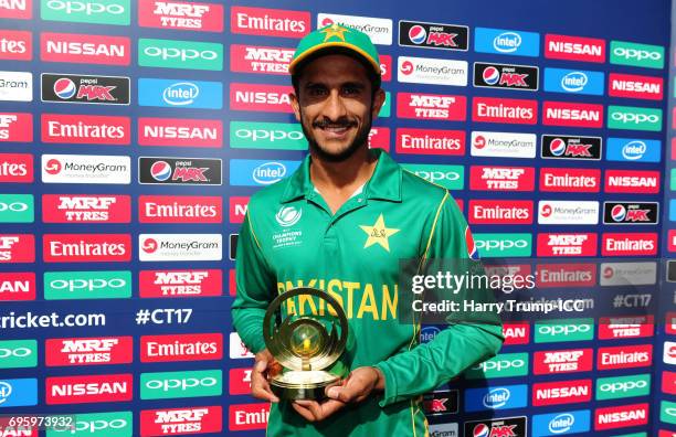 Hasan Ali of Pakistan poses with the man of the match award during the ICC Champions Trophy Semi Final match between England and Pakistan at the...