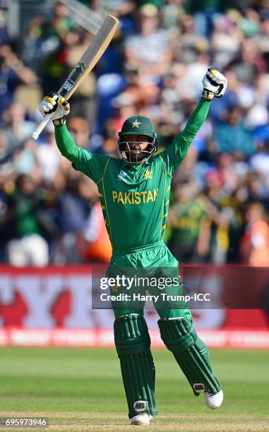 Mohammad Hafeez of Pakistan celebrates victory during the ICC Champions Trophy Semi Final match between England and Pakistan at the SWALEC Stadium on...