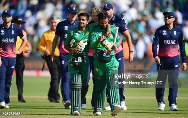 Mohammad Hafeez and Babar Azam of Pakistan celebrates victory during the ICC Champions Trophy Semi Final match between England and Pakistan at the...