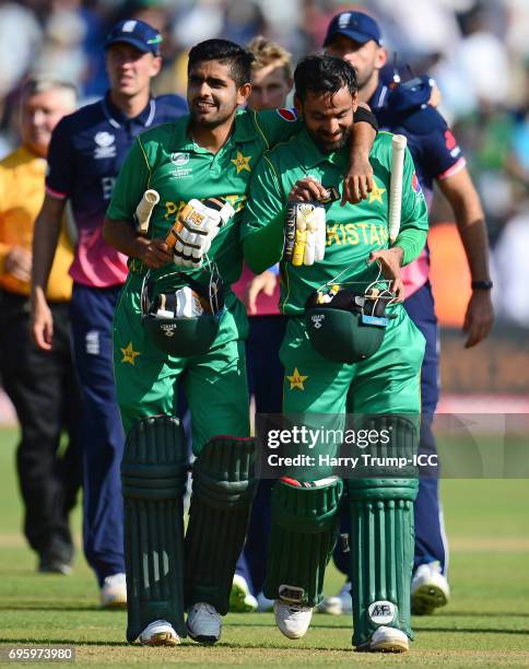 Mohammad Hafeez and Babar Azam of Pakistan celebrates victory during the ICC Champions Trophy Semi Final match between England and Pakistan at the...